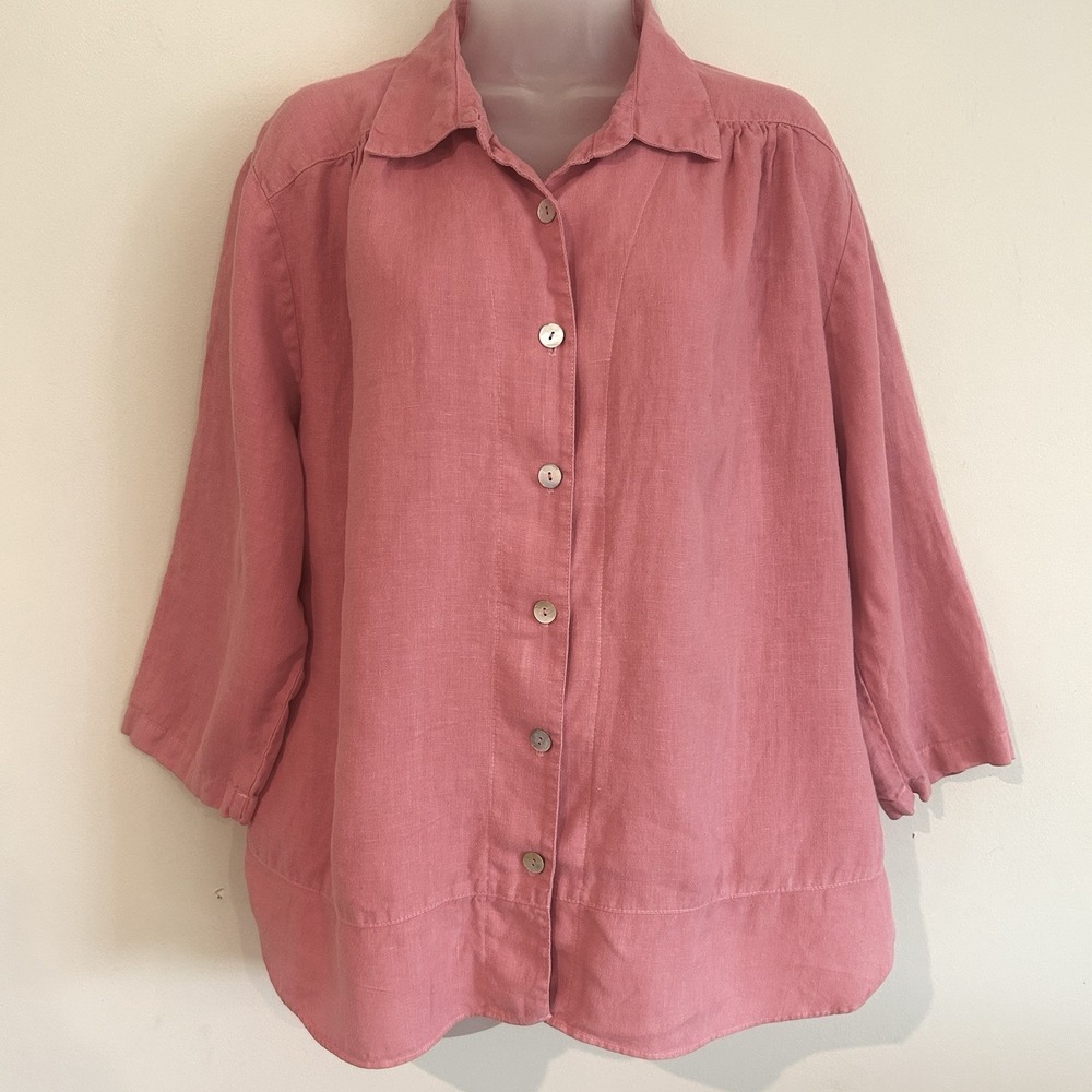Mosaic Made in USA Linen Top Shirt Sz XL Pink Buttons Beach Coastal 3/4 Sleeve
